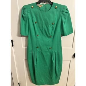 Vintage David Warren Dress 12 Green Puff Sleeve Sheath 80s USA Old Money Office